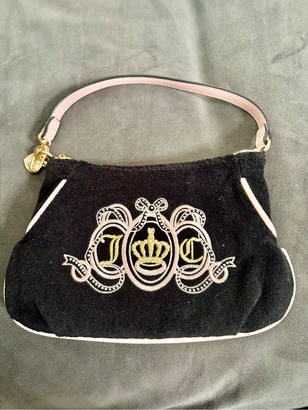 Juicy Couture Black Velvet Wristlet with Pink Trim and Gold Crest